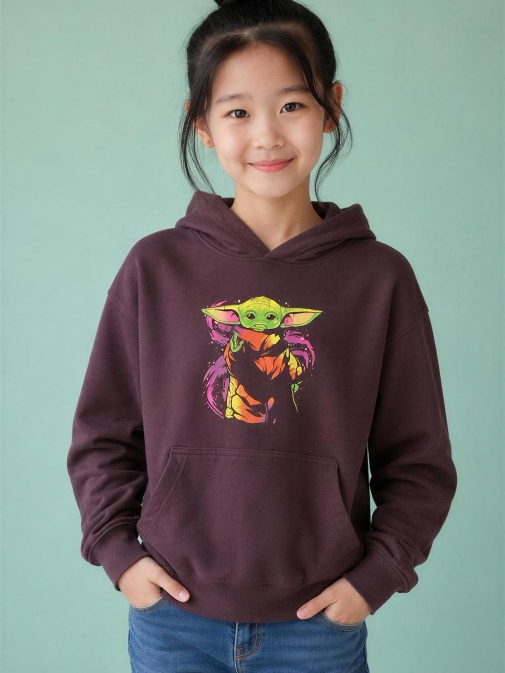 Star Wars Kids Hoodie with Neon Grogu Graphic - Brown